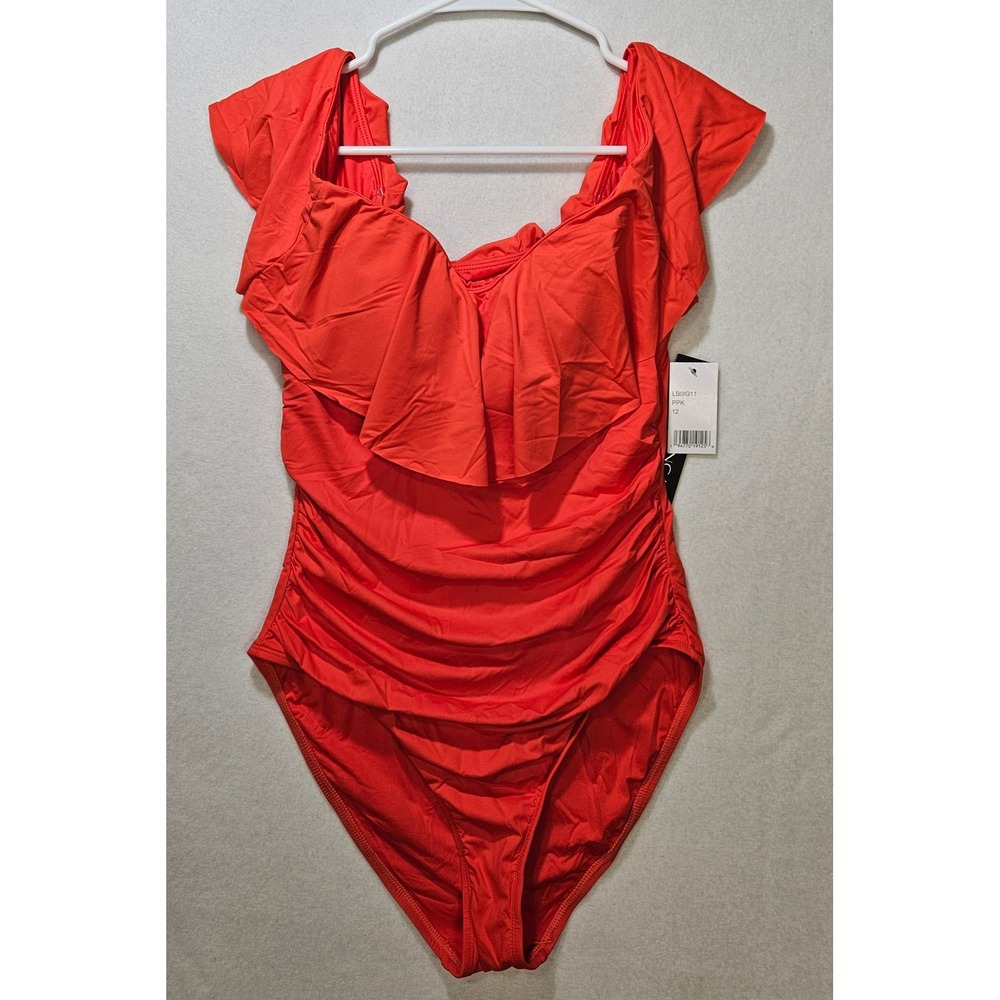 La Blanca Ruffled Bandeau 1 Piece Swimsuit, LB0IG11, SZ 12, Hot Coral New w/Tags